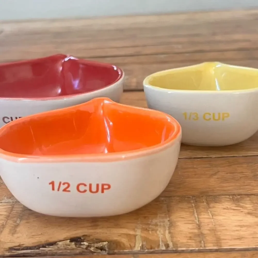 West Elm Set of 3 Ceramic Measuring Cups Red Yellow Orange 1 1/2 1/3 Cup